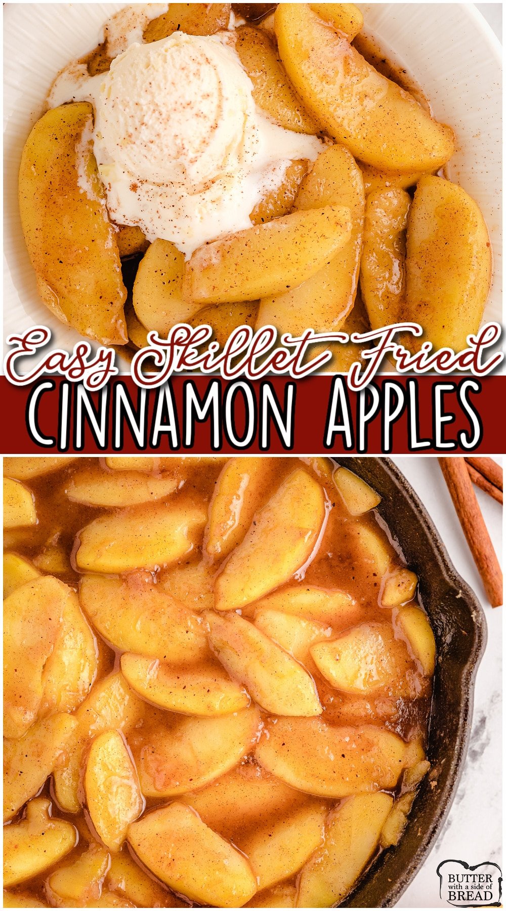 Fried Cinnamon Apples are so simple to make! Made with crisp apples, butter, brown sugar, cinnamon & nutmeg; they make a fantastic side dish or dessert!