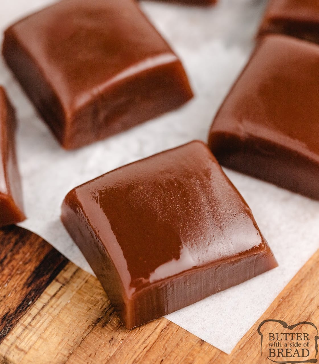 Close-up of rich Chocolate Caramels with a smooth, glossy finish.