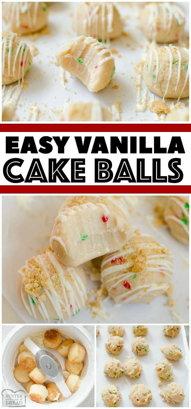 Vanilla Cake Balls are an easy dessert made from cake and homemade vanilla buttercream frosting. Simple to make cake ball recipe that everyone loves! Make your Cake Balls festive for Christmas by adding in colored sprinkles! #vanilla #cake #cakeballs #cakebites #Christmas #dessert #recipe from BUTTER WITH A SIDE OF BREAD