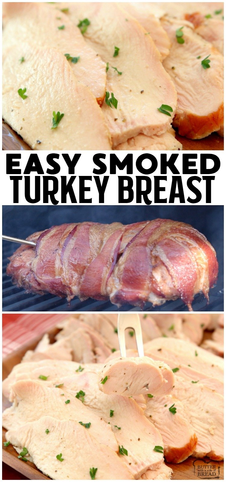 Easy Smoked Turkey Breast recipe made with just 4 ingredients! Simple method, no brining & results in moist & flavorful smoked turkey. #smoked #turkey #smokingmeat #smokingrecipes #traeger #turkeybreast #food #recipe #grill #grilling from BUTTER WITH A SIDE OF BREAD