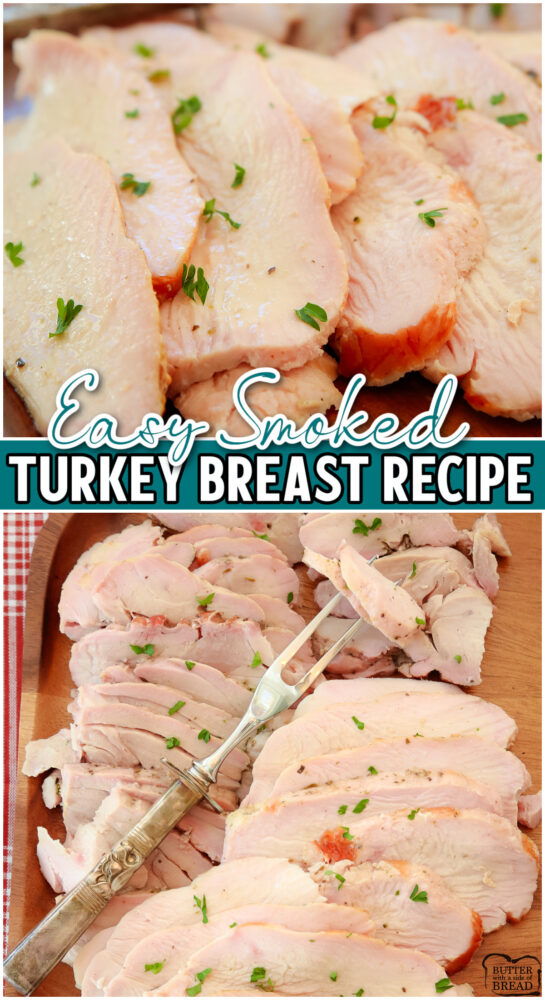 Easy Smoked Turkey Breast recipe made with bacon, olive oil & an herb seasoning! Simple method, no brining & results in tender, moist & flavorful smoked turkey.