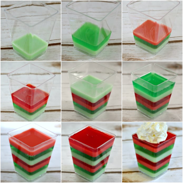 Layered Christmas Jello cups are fun, festive and easy to make for holiday parties! This layered Jello recipe is made with cherry and lime gelatin for a delicious flavor combination in the perfect colors for Christmas!