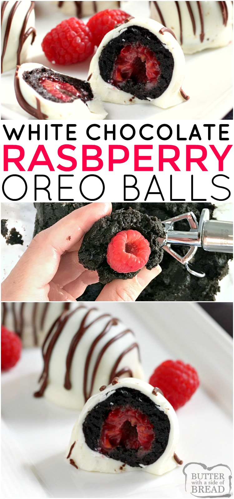 White Chocolate Raspberry Oreo Balls are a delicious no-bake treat made with Oreo cookies, cream cheese and a raspberry in the middle! These Oreo Balls are dipped in a white chocolate candy coating and coated with a chocolate drizzle.