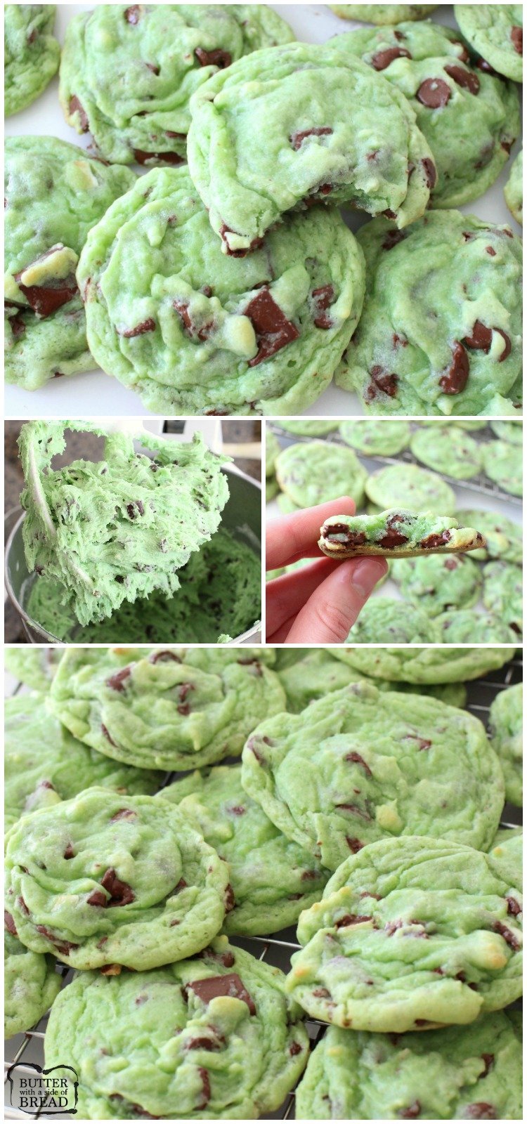 Mint Chocolate Chip Cookies made with pudding mix, mint extract & chocolate chips. Lovely cookie recipe perfect for those who love mint chip ice cream! #mint #chocolate #cookies #green #mintchip #dessert #StPatricksDay #dessert