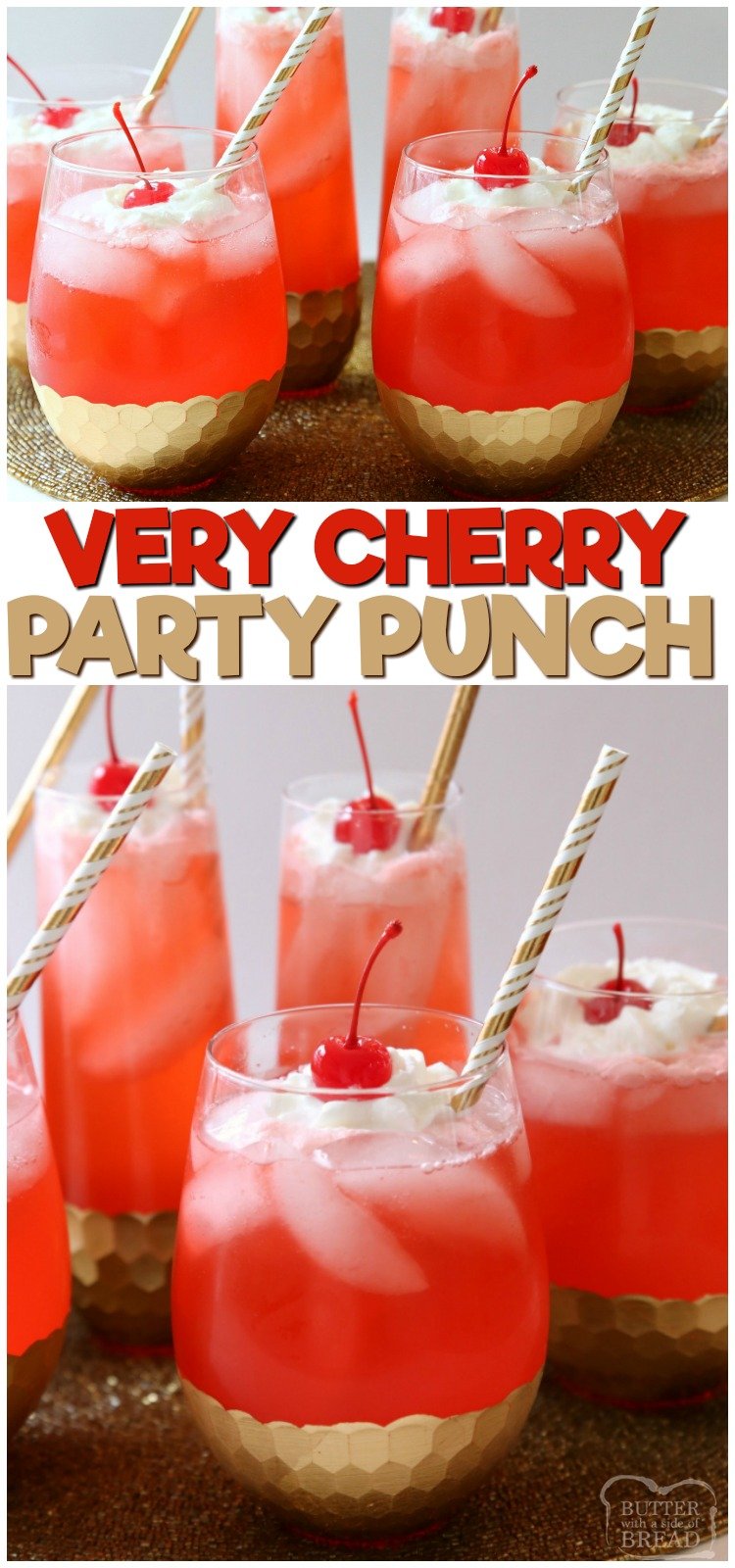 Easy Cherry Party Punch is a fun & festive party drink that everyone goes crazy over! Simple to make & has a fantastic sweet cherry flavor. #cherry #party #punch #drink #beverage #partypunch #verycherry #recipe from BUTTER WITH A SIDE OF BREAD