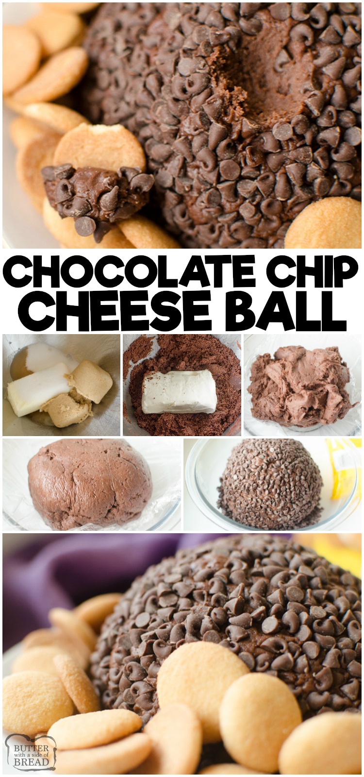 Double Chocolate Chip Cheese Ball is a rich, twice the chocolate cheesecake turned into a sweet cheese ball! The rich chocolate batter combined with the tangy cream cheese then rolled in mini chocolate chips makes this a rich and delicious appetizer or dessert! #cheese #chocolate #chocolatechip #cheeseball #dessert #appetizer #recipe from BUTTER WITH A SIDE OF BREAD