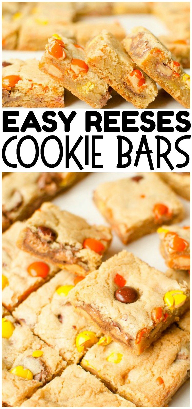Reese's Cookie Bars are a thick, chewy & full of Reese's Pieces and Mini Reese's Cups! The rich, chewy cookie bar compliments the chocolate & peanut butter add in's perfectly. No rolling required, Cookie Bars are the way to go! #cookies #baking #reeses #chocolate #peanutbutter #cookies #recipe #dessert