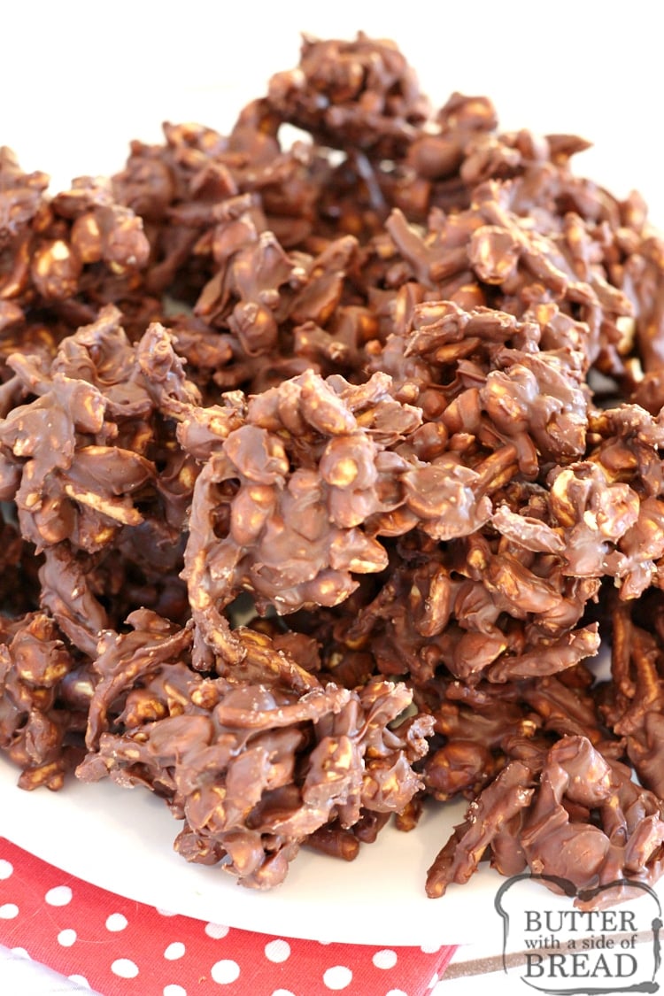Peanut Clusters are the easiest no-bake treats to make with just four ingredients - chocolate chips, butterscotch chips, peanuts and crunchy chow mein noodles! This Peanut Cluster recipe is the best one that I've tried and you can make a whole batch in just a few minutes!