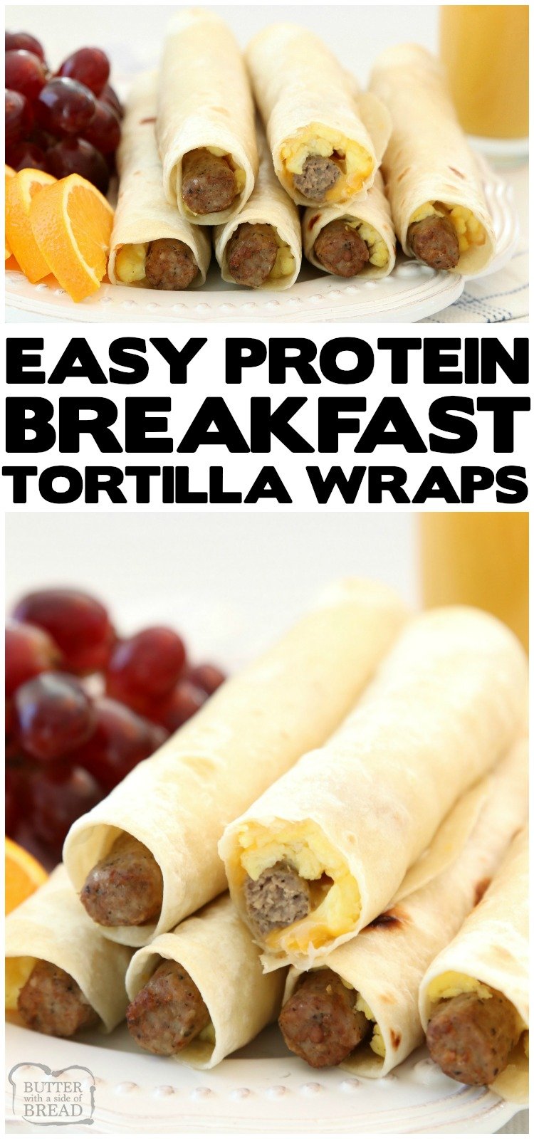 High Protein Breakfast Wraps made with turkey sausage, eggs and cheese wrapped in a fresh tortilla. Easy on the go breakfast that's delicious and & satisfying for everyone! #breakfast #protein #highprotein #eggs #sausage #cheese #food #cooking #freezer #recipe from BUTTER WITH A SIDE OF BREAD