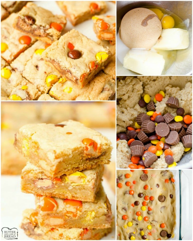 Reese's Cookie Bars are a thick, chewy & full of Reese's Pieces and Mini Reese's Cups! The rich, chewy cookie bar compliments the chocolate & peanut butter add in's perfectly. No rolling required, Cookie Bars are the way to go!