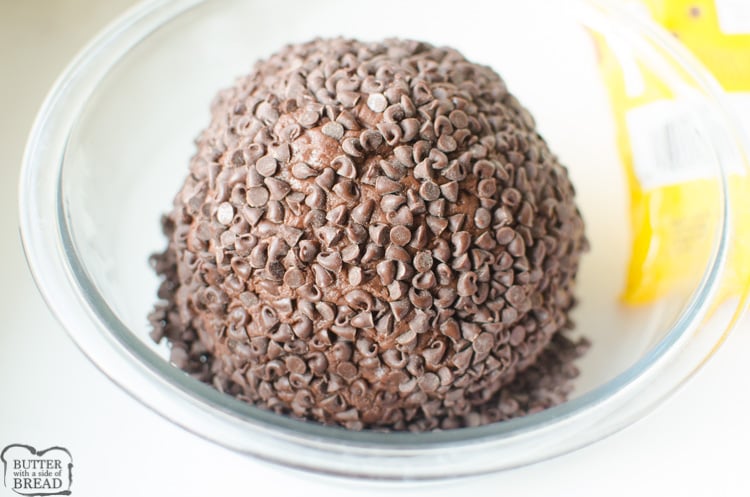 brownie batter cheeseball covered in mini chocolate chips.