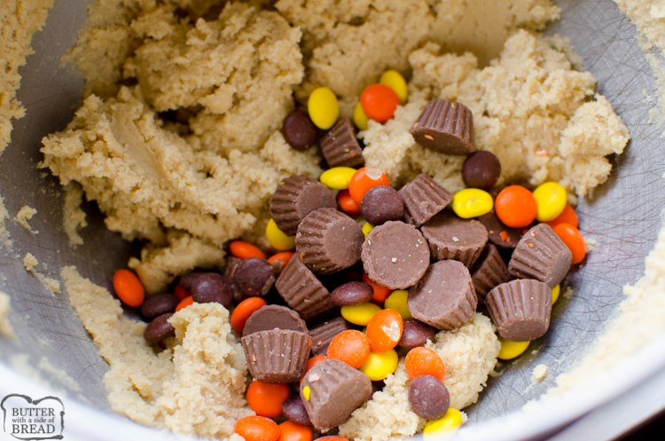 Reese's pieces and mini Reese's cups added to the dough