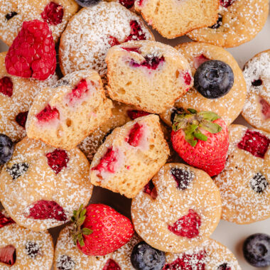 tray full of berry protein pancake bites