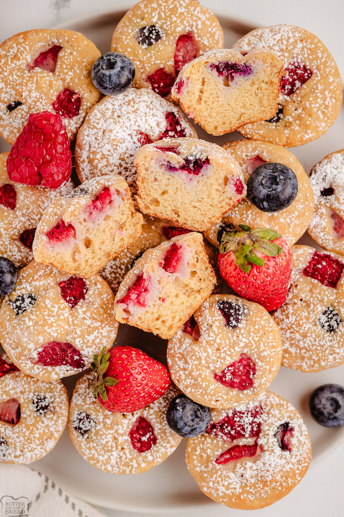 tray full of berry protein pancake bites