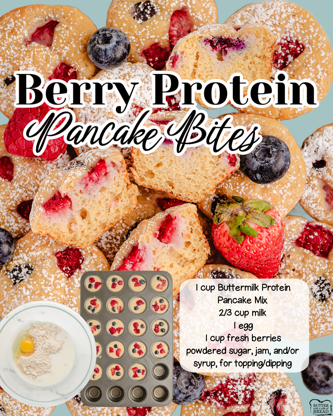 Berry Protein Pancake Bites made easily with fresh berries, pancake mix, milk and an egg! Simple baked pancakes dotted with fruit and dusted with powdered sugar for a great breakfast! 