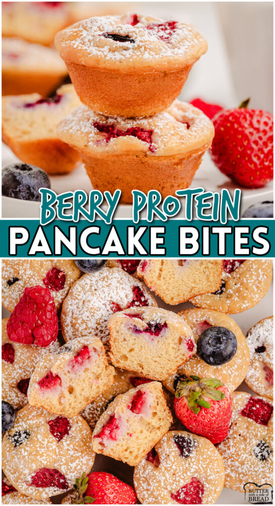 Berry Protein Pancake Bites made easily with fresh berries, pancake mix, milk and an egg! Simple baked pancakes dotted with fruit and dusted with powdered sugar for a great breakfast!