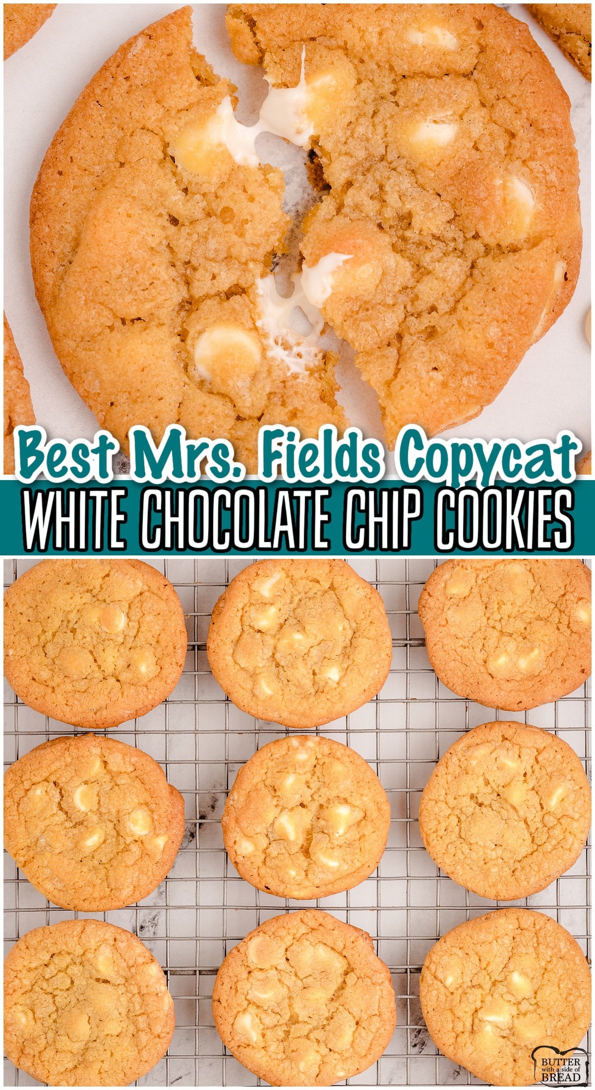 Mrs. Fields White Chocolate Chip Cookies are the perfect copycat recipe loaded with white chocolate chips & incredible flavor! White chocolate chip cookies with crisp buttery edges & soft, chewy centers.