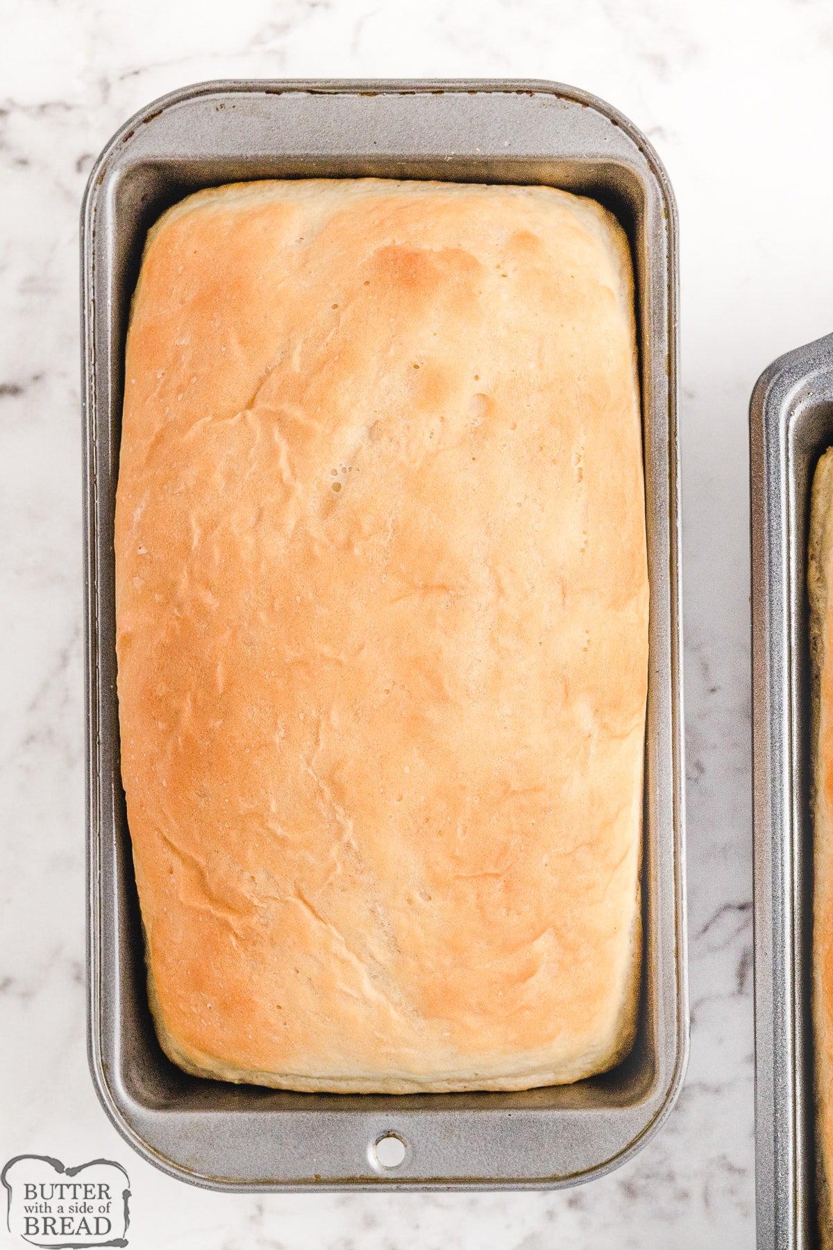 loaf of homemade bread in a bread pan
