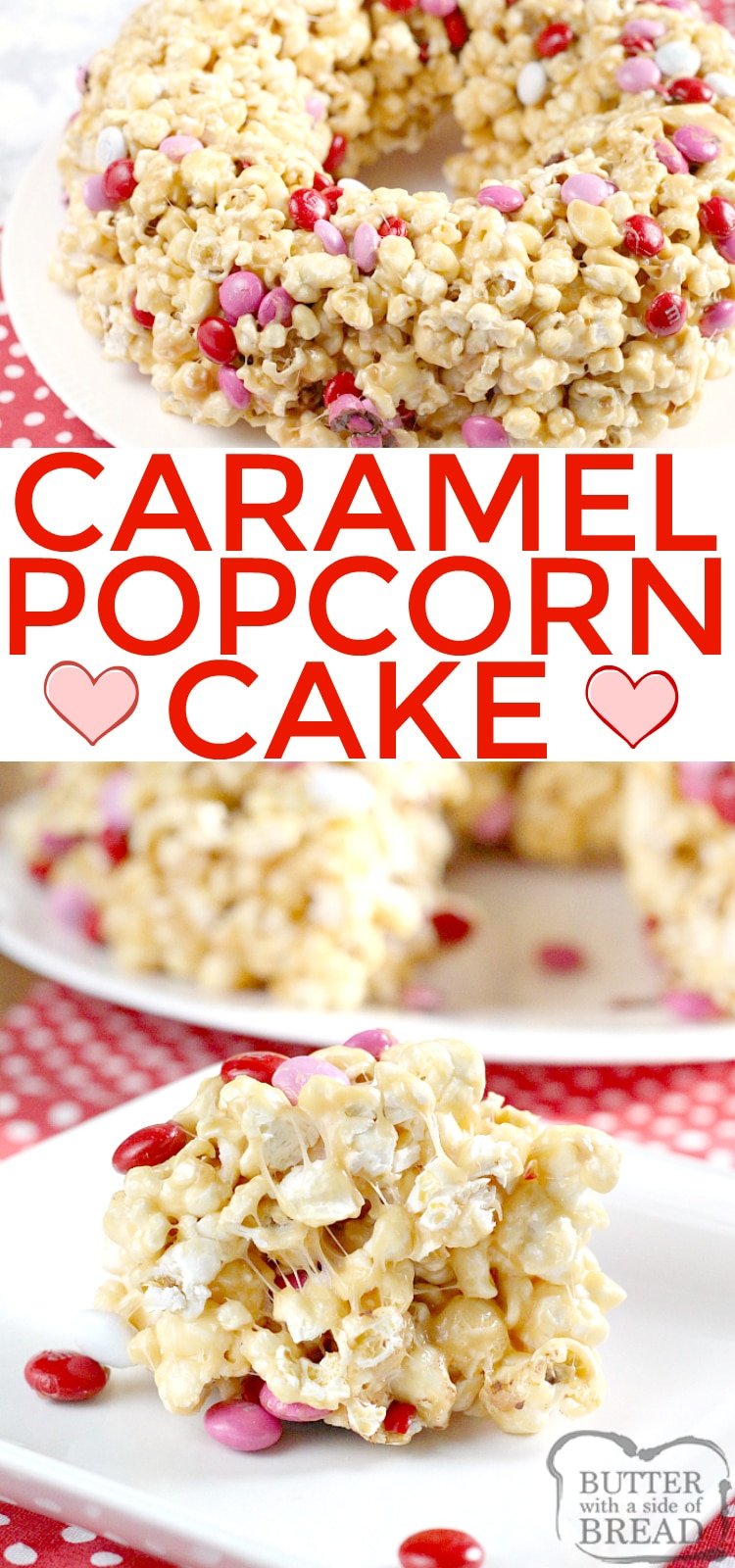 Caramel Popcorn Cake is made with caramel, marshmallows and a few other basic ingredients for a quick and easy no-bake dessert.
