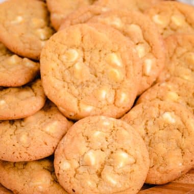 tray of copycat Mrs. Fields White chocolate chip cookies