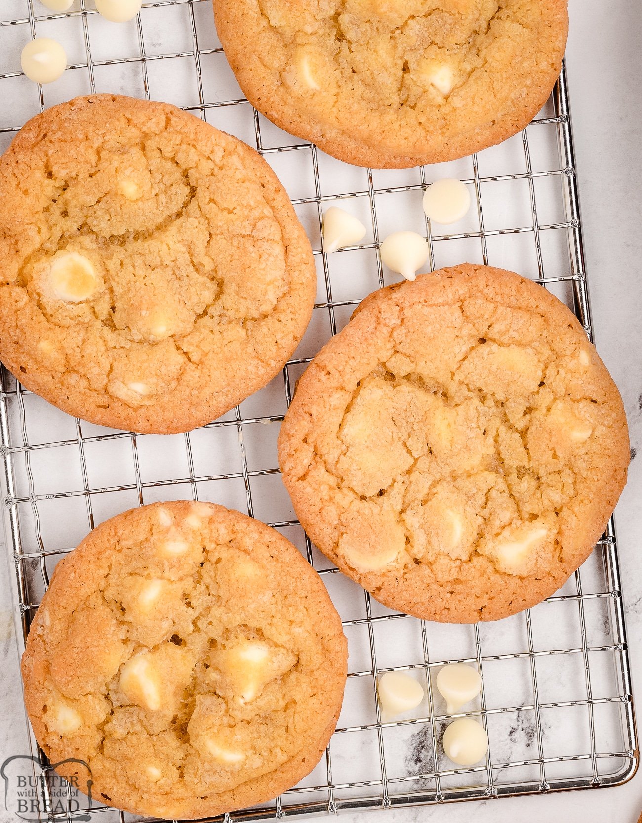 white chocolate chip cookies on a cooling rack
