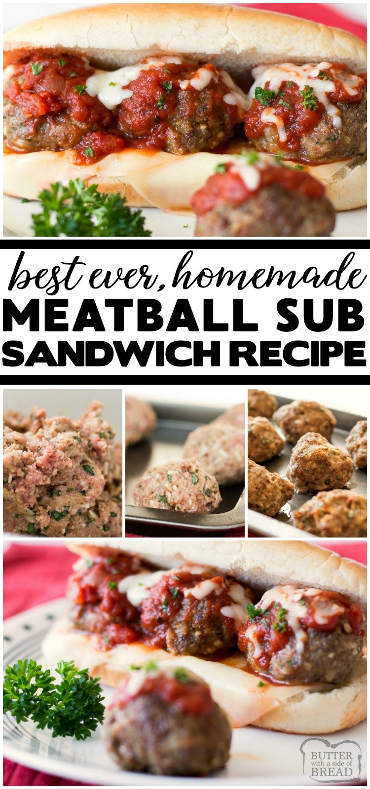 Meatball Sub recipe with flavorful, baked homemade meatballs, then assembled with 2 types of cheese, marinara sauce all on a crusty french roll. Perfect meatball sub recipe for dinner or lunch!  #beef #meatball #sub #sandwich #lunch #dinner #protein #food #recipe from BUTTER WITH A SIDE OF BREAD