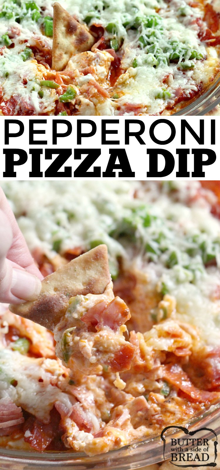 Pepperoni Pizza Dip recipe that is easily made with cream cheese, pizza sauce, pepperoni, cheese and all of your other favorite pizza toppings! This delicious appetizer recipe is fast, easy and is always a hit at parties, game day gatherings and family dinners too.