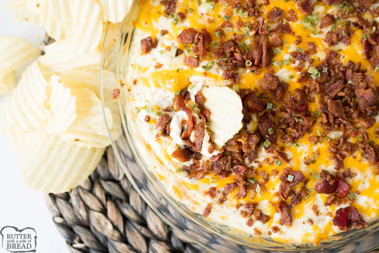 Chicken Cream Cheese Dip is a quick and easy hot appetizer. Perfect to throw together for a party or game day! Combining the classic flavors of chicken, bacon and ranch this cream cheese based dip is sure to be a crowd pleaser!