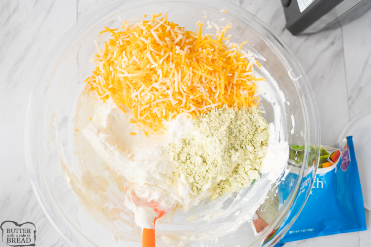 cream cheese, sour cream, cheese and ranch dressing mix