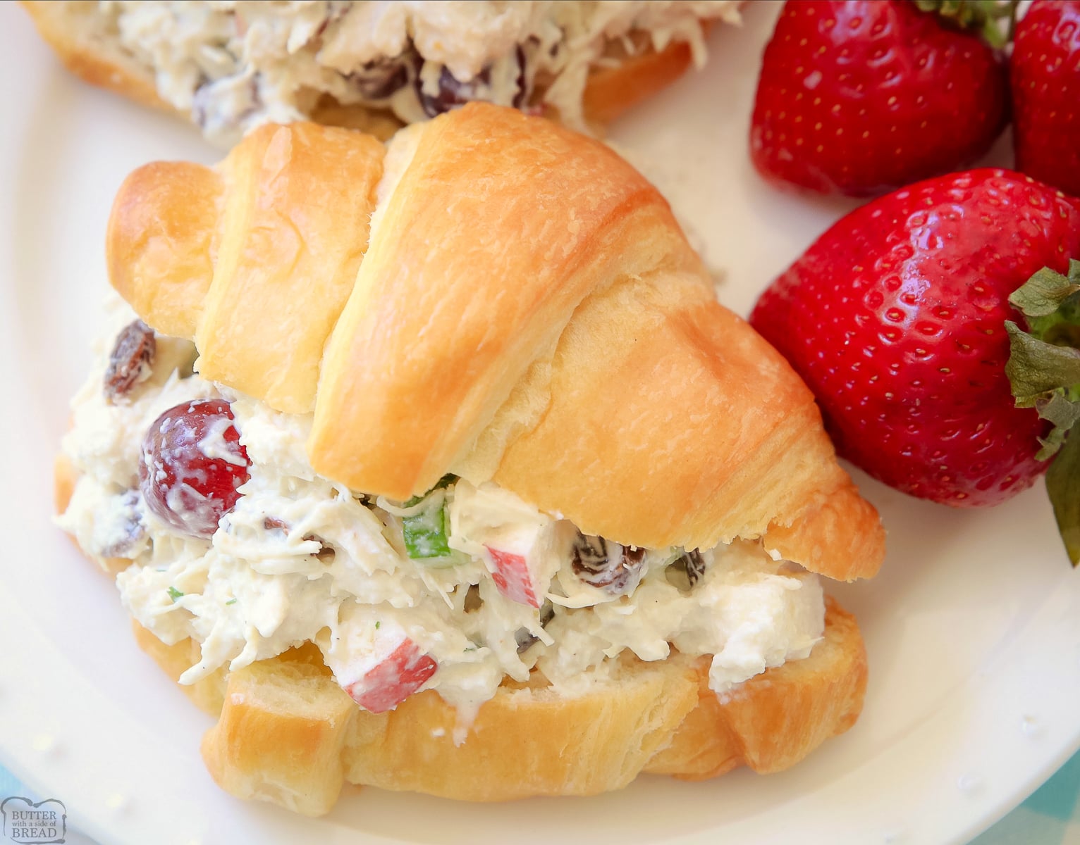 chicken salad with grapes, apples and celery on a croissant