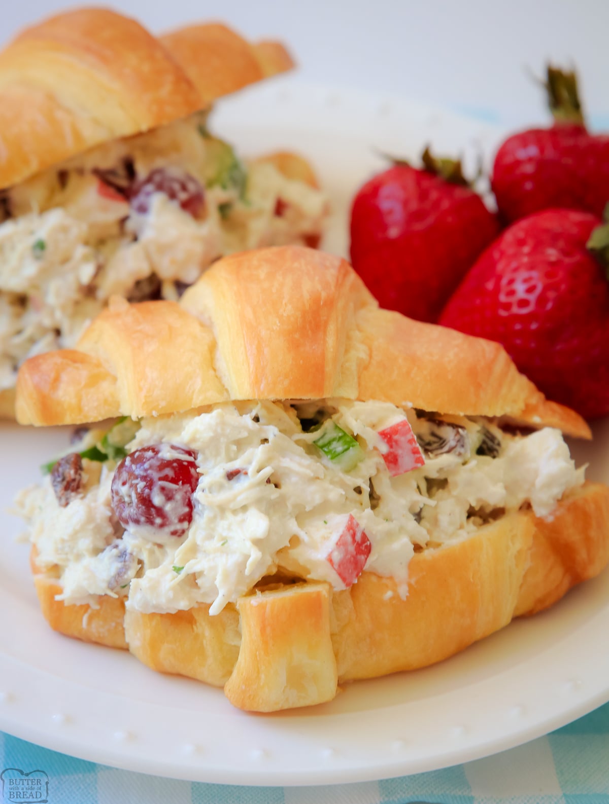 chicken salad with apples, grapes and celery served in a croissant