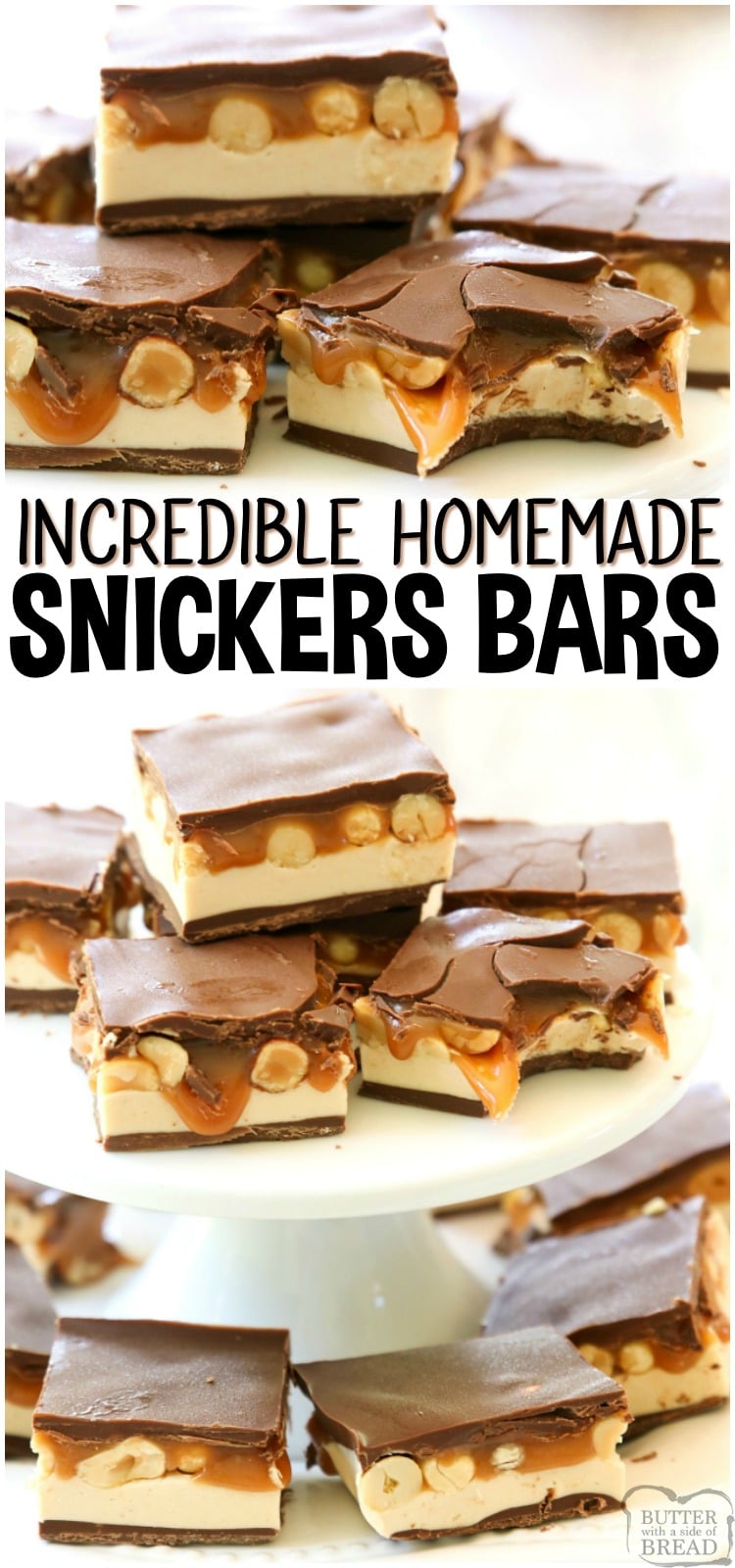 Snickers Bars made from scratch with creamy caramel, easy nougat, peanuts and chocolate. Make a whole pan of your favorite candy bar to share! #snickers #candy #chocolate #homemade #dessert #candybar #peanuts #caramel #candy from BUTTER WITH A SIDE OF BREAD