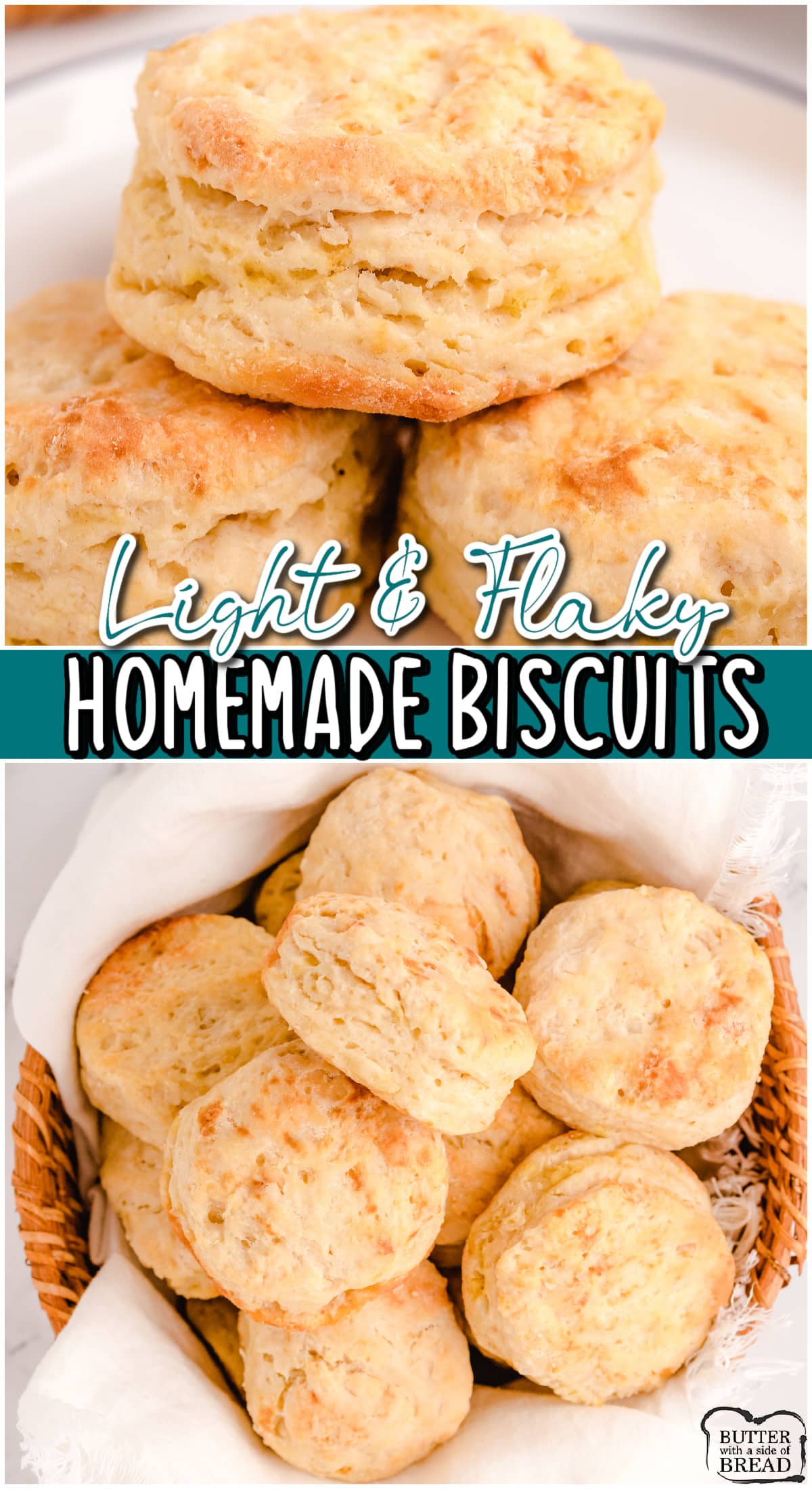 Best Homemade Biscuit Recipe made from scratch for a soft, flaky biscuit! These biscuits  have a light, buttery flavor and are easy to make & perfect to go alongside dinner!