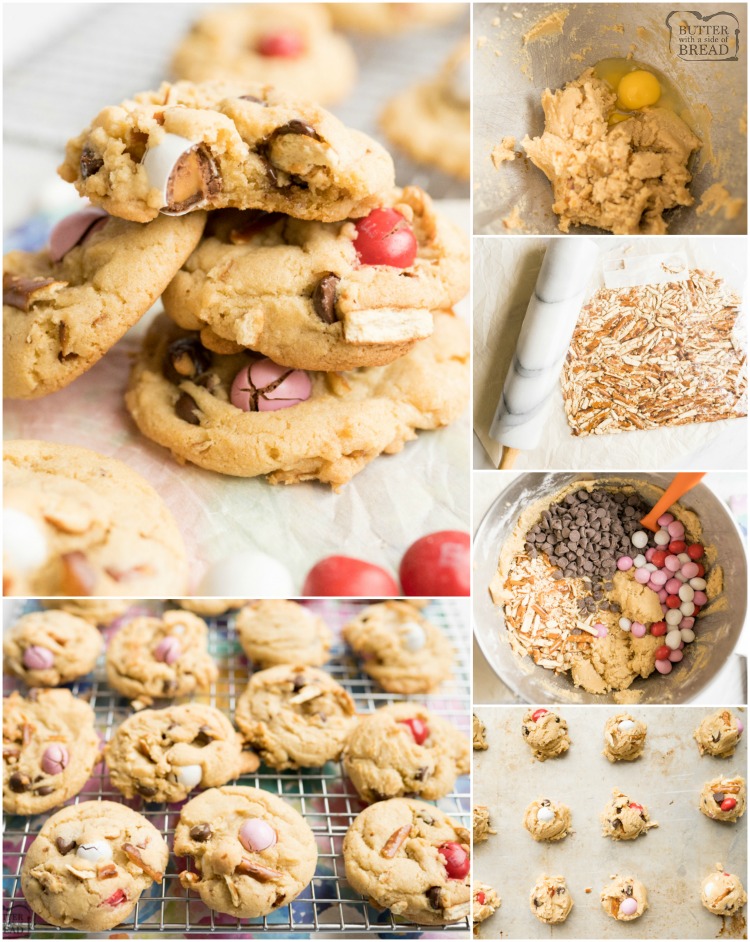 Caramel Pretzel Chocolate Chip Cookies are the ultimate salty sweet combo! Crushed pretzels, Caramel M&M's and semi-sweet chocolate chips all nestled together in buttery cookie dough. Perfect variation on a classic chocolate chip cookie recipe!
