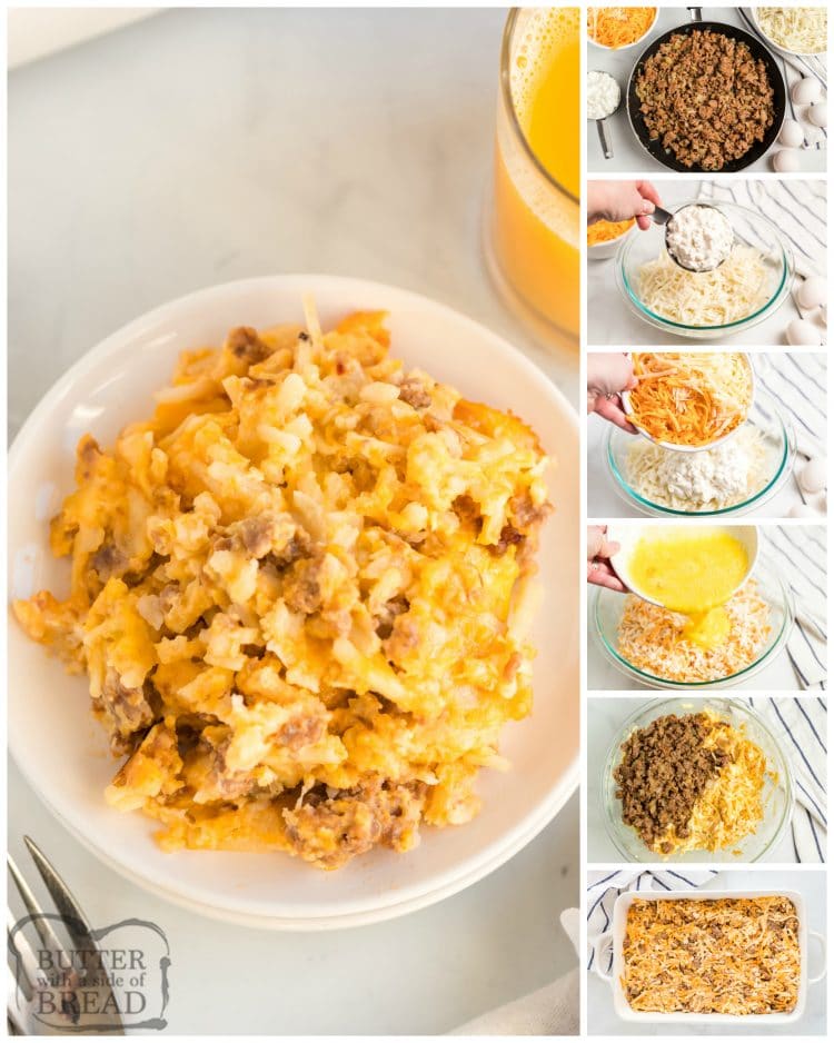 Step by step instructions on making breakfast casserole with sausage, hash browns and three kinds of cheese