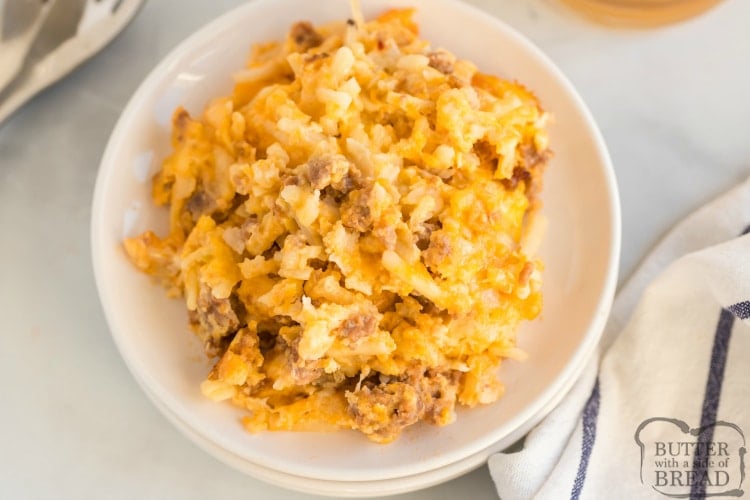 Breakfast casserole with sausage and three kinds of cheese