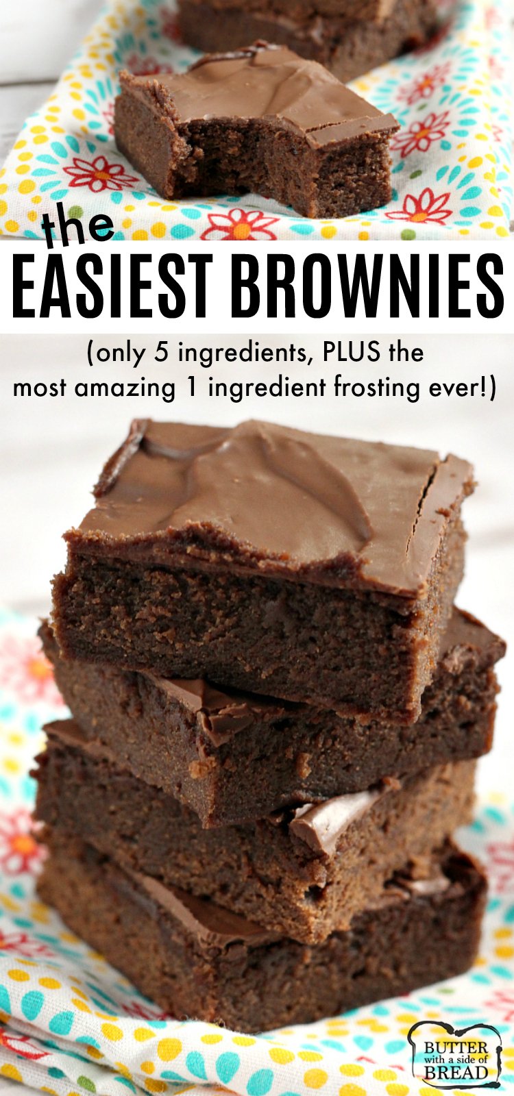 Easy Brownie Recipe with only 5 ingredients and then topped with Hershey bars for the easiest frosting ever! This chocolate dessert is a classic favorite and this is by far the easiest brownie recipe I've ever made without using a mix! 