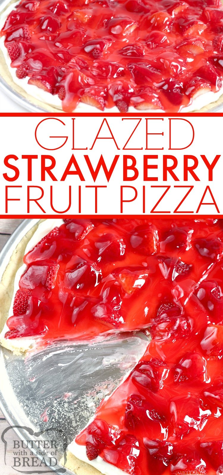 Glazed Strawberry Fruit Pizza is made with a sugar cookie crust that is topped with a cream cheese layer, fresh strawberries and a delicious strawberry glaze!