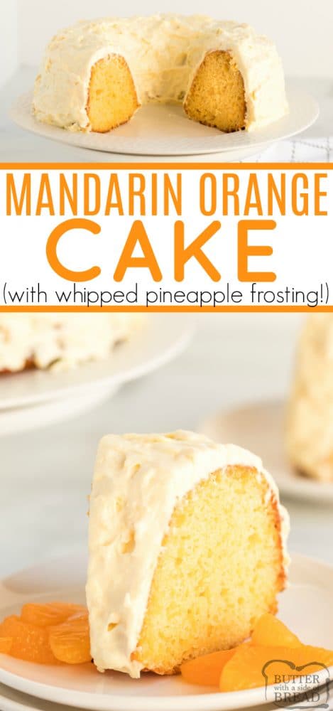 Mandarin Orange Cake with Pineapple Frosting is so light and refreshing and begins with a cake mix and mandarin oranges, then topped with a frosting made with crushed pineapple and vanilla pudding. Also known as Pig Pickin' cake, this simple cake recipe is absolutely amazing!