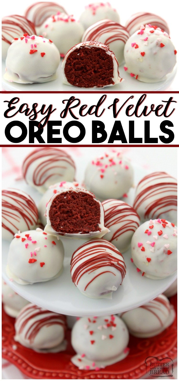 Red Velvet Oreo Balls made with just 3 ingredients & perfect for Valentine's Day! Made in minutes and so delicious, no one can guess they're made with Oreo cookies! #redvelvet #oreo #truffles #candy #chocolate #ValentinesDay #dessert #recipe from BUTTER WITH A SIDE OF BREAD