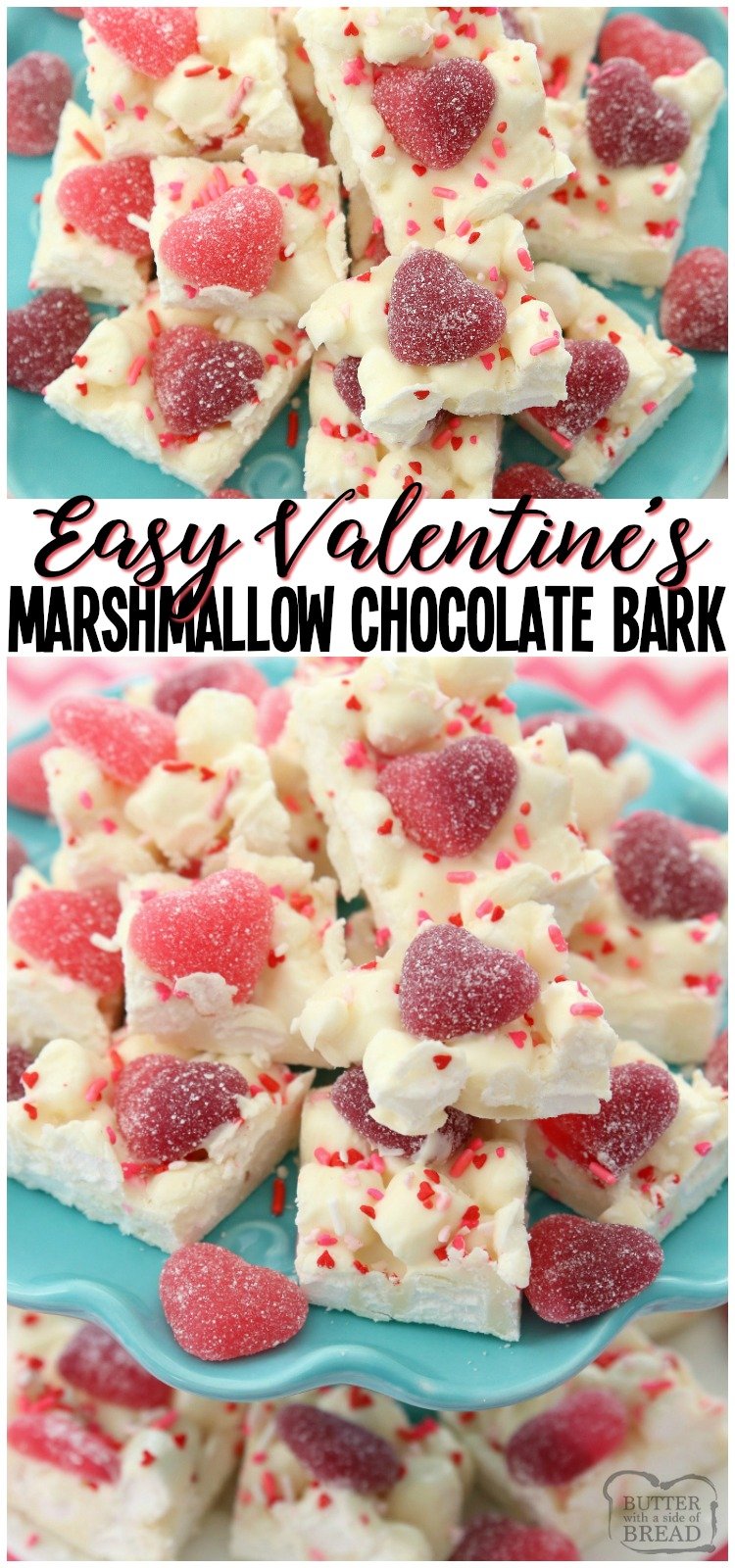 Valentine's Marshmallow Chocolate Bark is a simple, festive dessert that everyone loves! Made in minutes with just 3 ingredients, these chocolate squares are perfect for Valentine's Day! #candy #marshmallows #Valentines #recipe #chocolatebark from BUTTER WITH A SIDE OF BREAD #chocolate