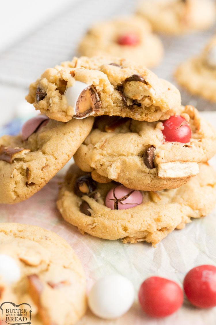 Caramel Pretzel Chocolate Chip Cookies are the ultimate salty sweet combo! Crushed pretzels, Caramel M&M's and semi-sweet chocolate chips all nestled together in buttery cookie dough. Perfect variation on a classic chocolate chip cookie recipe! 