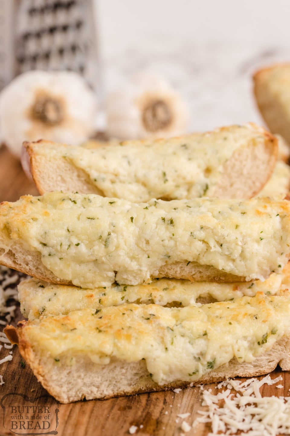 Garlic bread loaded with seasonings and two kinds of cheese 