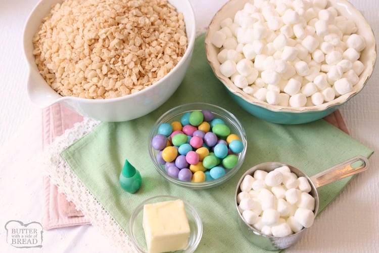 Easter Rice Krispie Treats made with classic marshmallow treat ingredients that look like cute Easter baskets! Simple, fun recipe for a festive Easter dessert.