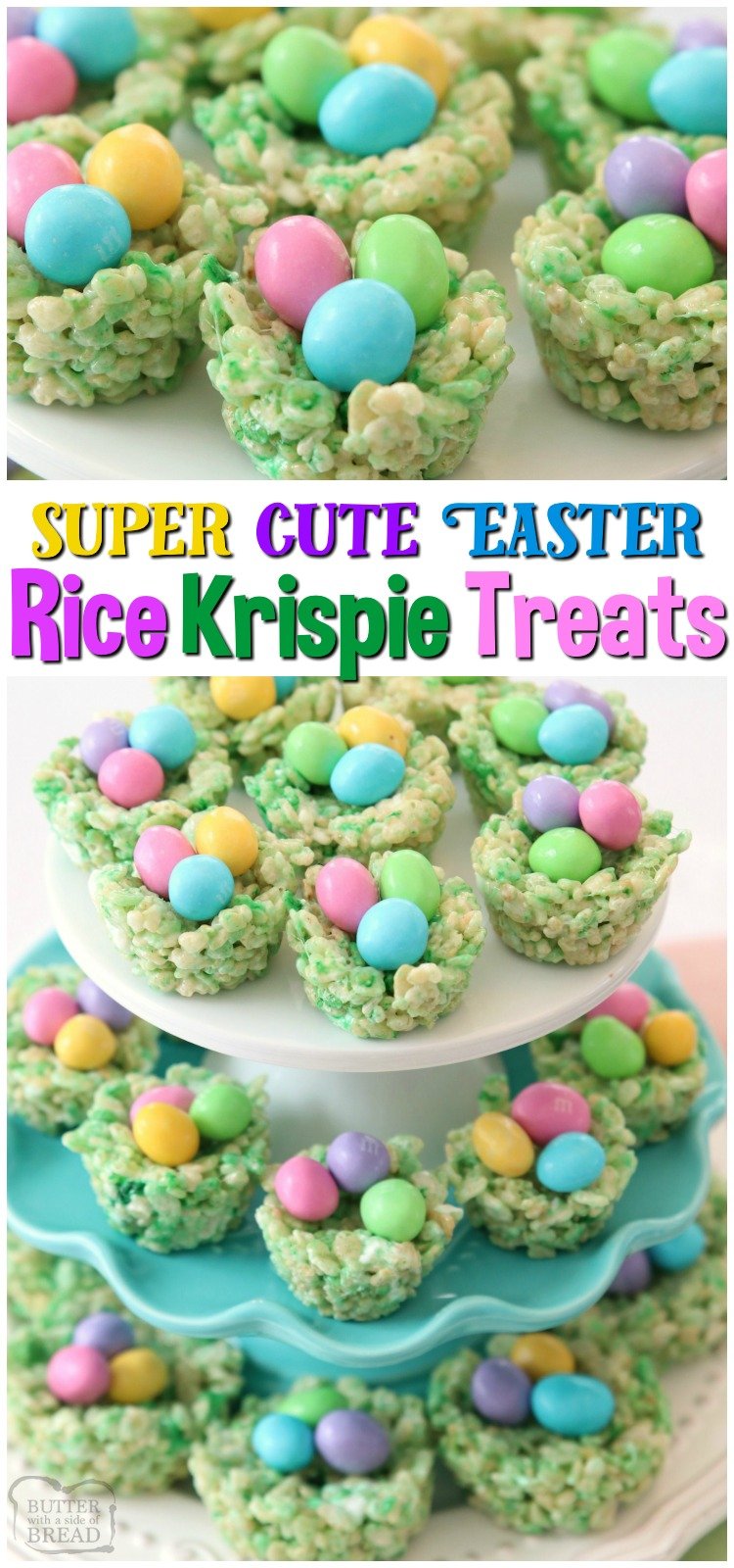 Easter Rice Krispie Treats made with classic marshmallow treat ingredients that look like cute Easter baskets! Simple, fun recipe for a festive Easter dessert. #Easter #marshmallows #krispie #treats #dessert #Spring #recipe #food from BUTTER WITH A SIDE OF BREAD