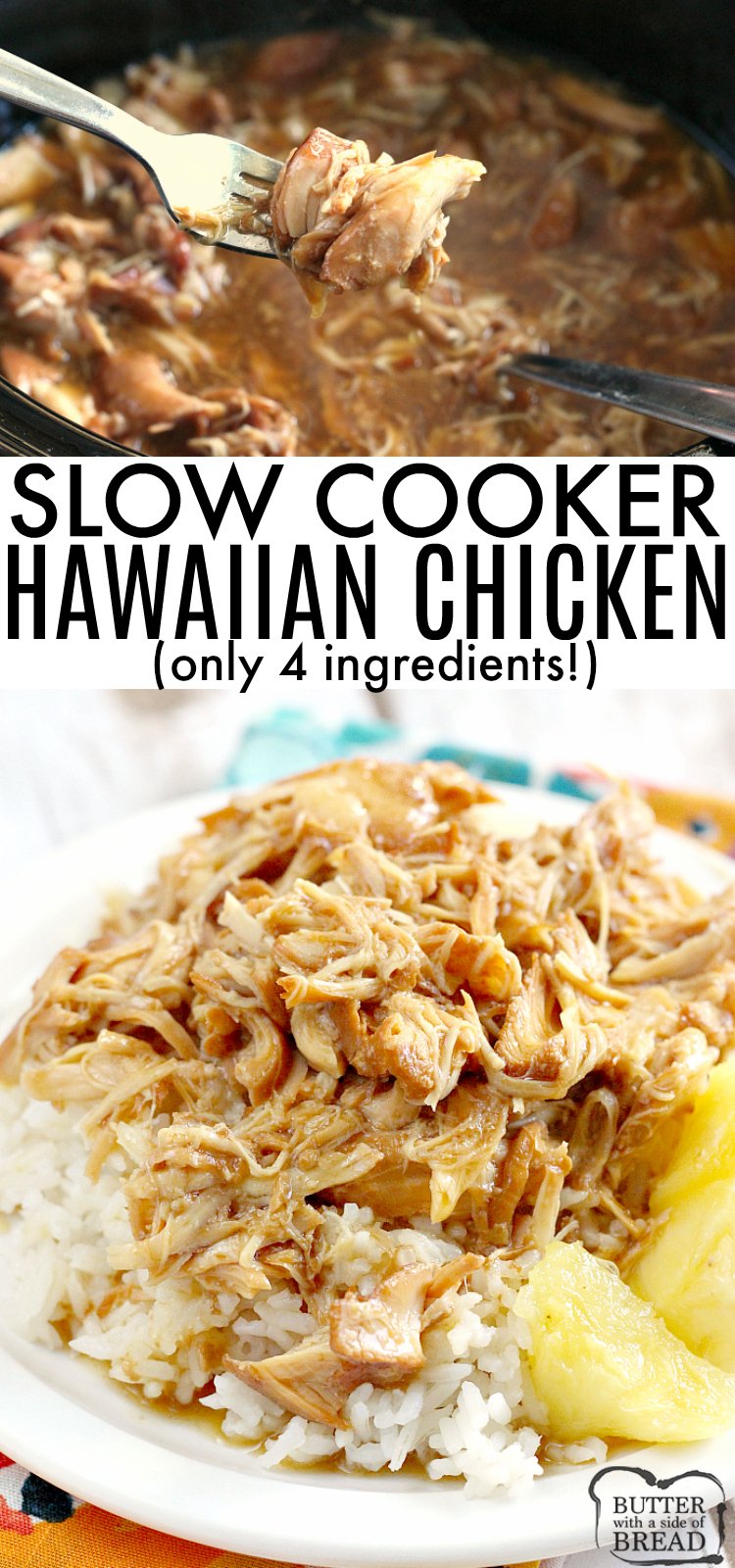 Easy Crock Pot Hawaiian Chicken is the perfect blend of sweet and savory with a delicious burst of pineapple flavor. This Hawaiian Chicken recipe only requires 4 ingredients and results in fork tender chicken that falls apart when it's ready!