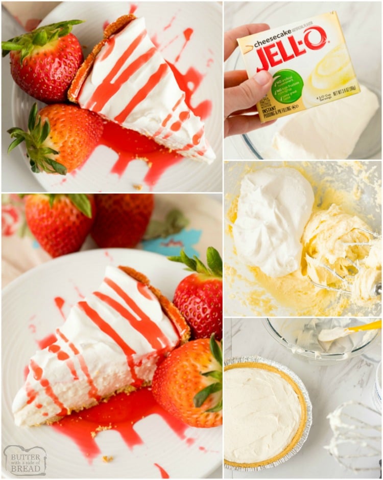 Easy No Bake Cheesecake with Strawberries is an easy 5 ingredient dessert that takes no time to make! Pudding mix, cream cheese and whipped topping make the smooth, no-bake cheesecake filling. Topped with fresh strawberries, it's the perfect Spring dessert. 