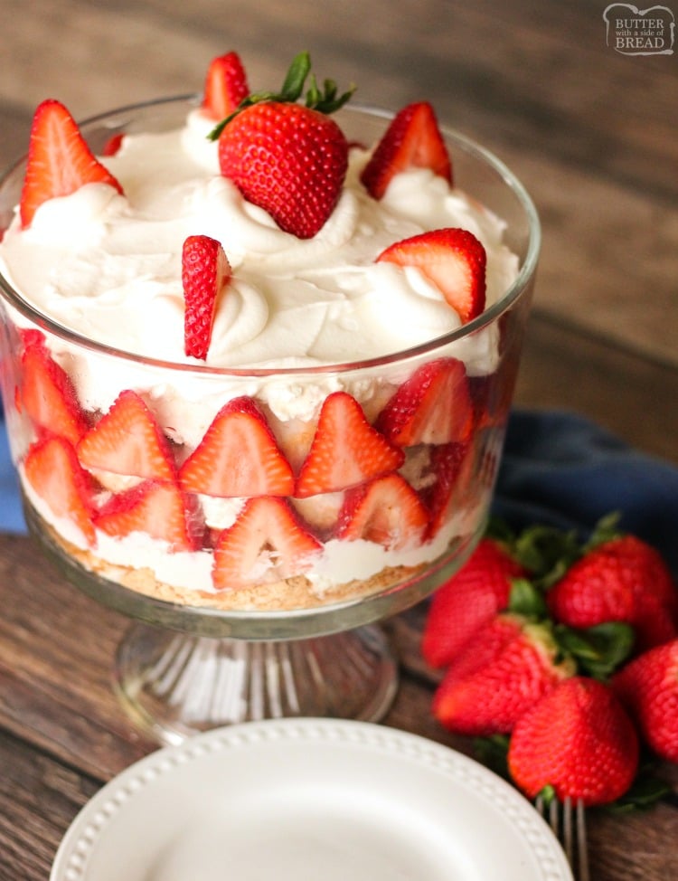 Our Strawberry Trifle recipe is a delicious dessert layered with fresh strawberries, angel food cake and cream cheese whipped cream! Elegant dessert that's made in minutes with very simple ingredients.