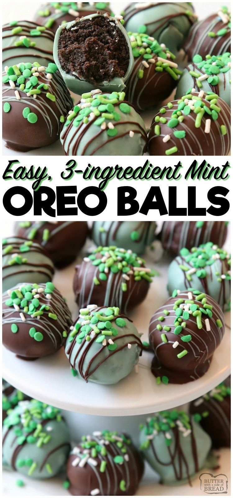 Mint Oreo Balls made with just 3 ingredients & perfect for St. Patrick's Day! Made in minutes and so delicious, no one can guess they’re made with Oreo cookies! #oreo #mint #green #cookies #truffles #chocolate #Stpatricksday #candy #easy #recipe #dessert from BUTTER WITH A SIDE OF BREAD