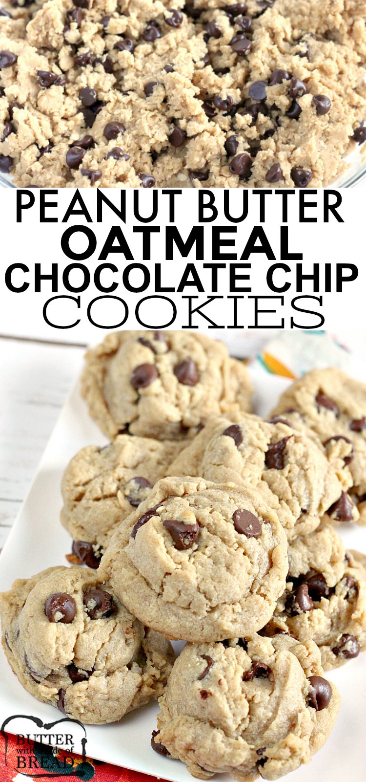 Peanut Butter Oatmeal Chocolate Chip Cookies are all three of my favorite cookie recipes put together! These thick, chewy cookies are the perfect recipe when you just can't decide what kind of cookie you want to bake!